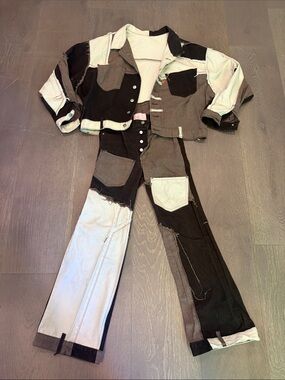 Revice Denim Two-Tone Patchwork Jacket & Jean Set - Brown & Cream